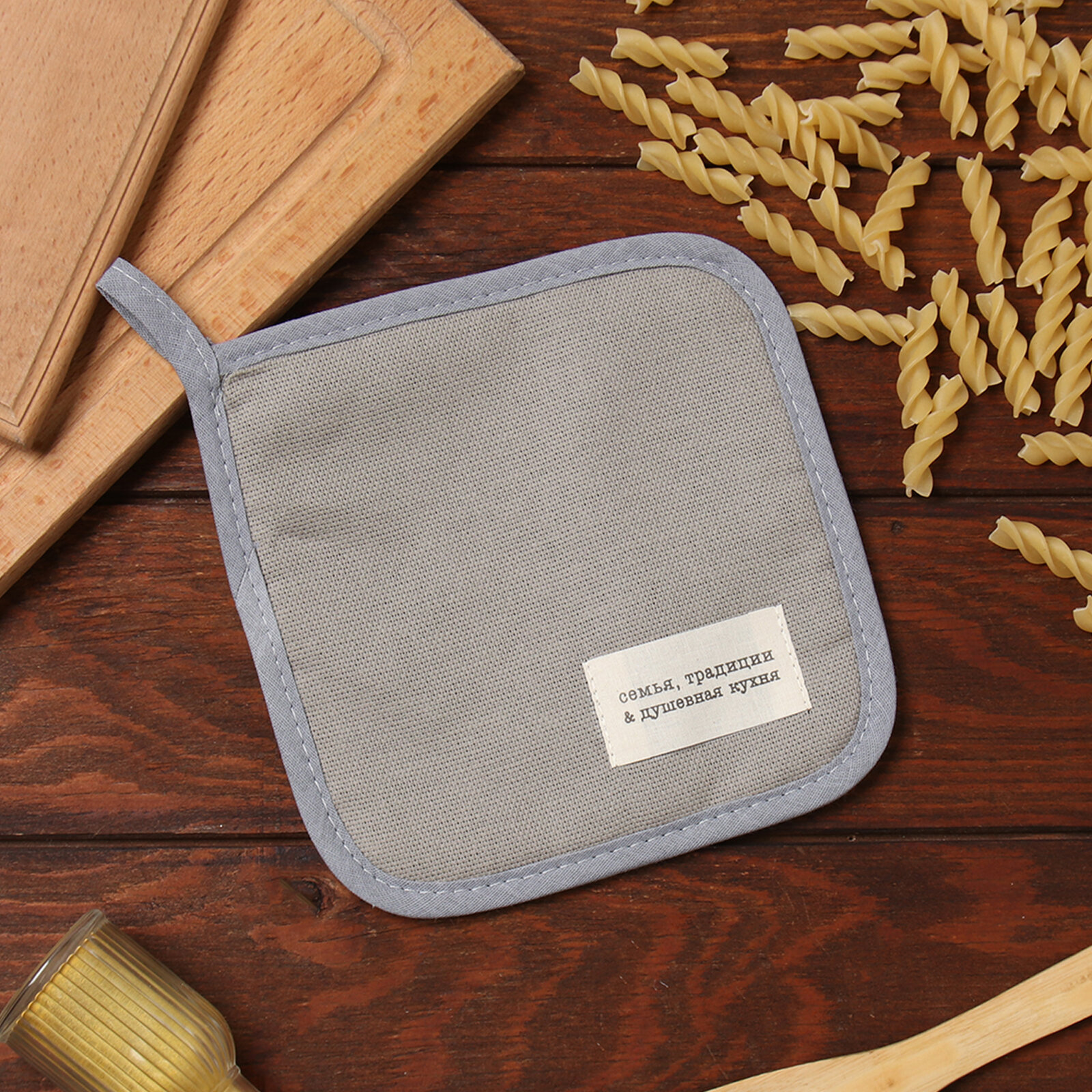 фото Прихватка Доляна "Душевная кухня" цв. серый 17х17 рогожка,100% х/л