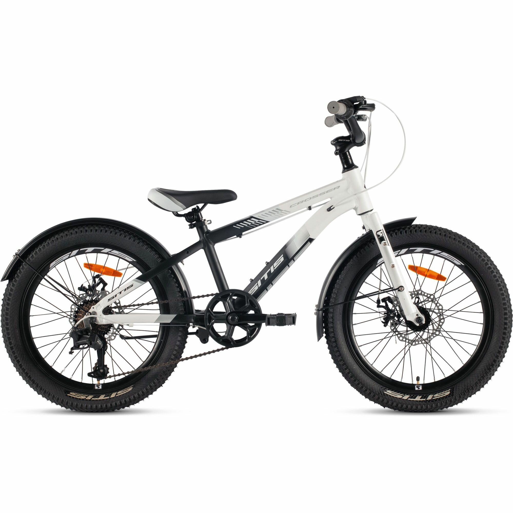 Велосипед горный SITIS CROSSER SCR24MD 24" (2024), хардтейл, детский, для мальчиков, алюминиевая рама, 7 скоростей, дисковые механические тормоза, цвет White-Black-Grey, черный/серый/желтый цвет, размер рамы 12", для роста 130-145 см