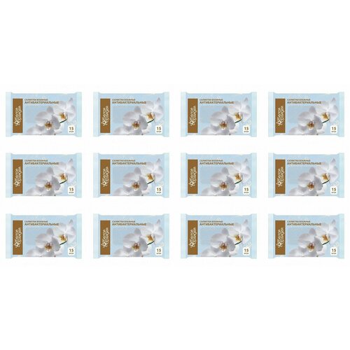 Белая Орхидея Салфетки влажные Антибактериальные, 15 шт, 12 упаковок