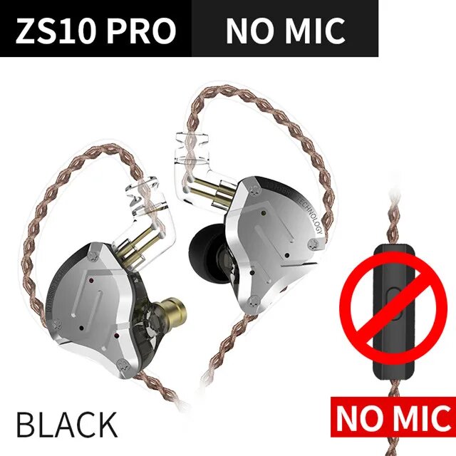 Спортивные шумоподавляющие наушники KZ ZS10 PRO/ZSN PRO/ZST AS16, модели и цвета в ассортименте, black no mic
