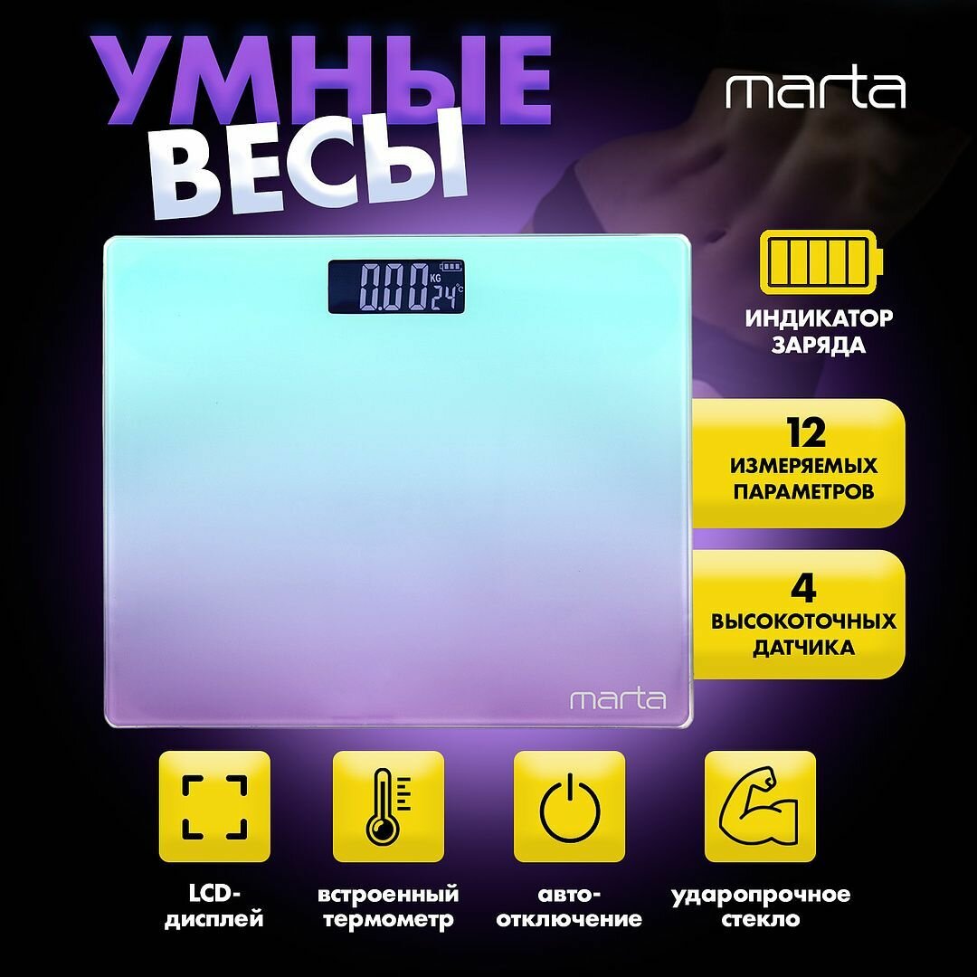 MARTA MT-SC1691 лилово-бирюзовый LCD весы напольные диагностические, умные с Bluetooth - фотография № 7
