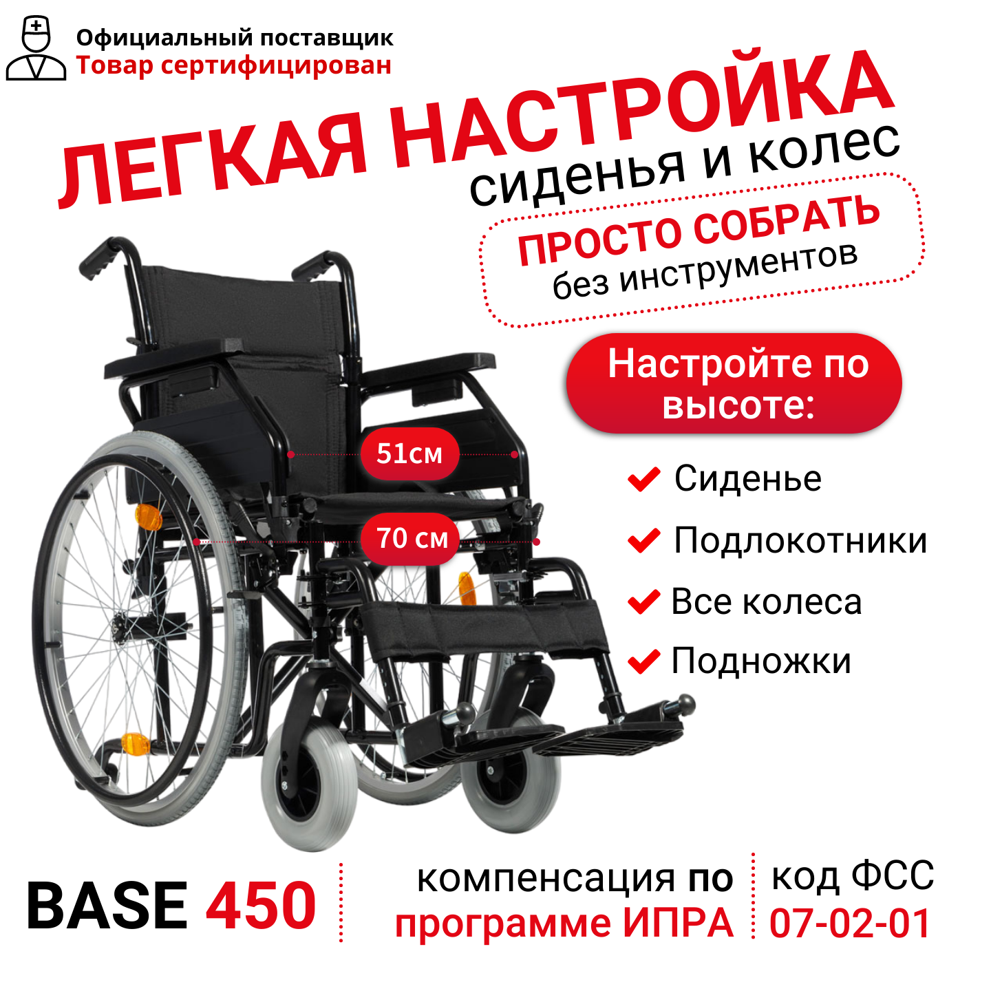 Кресло-коляска инвалидная механическое Ortonica Olvia 10 / Base 450 ширина сиденья 51 см передние литые задние пневматические колеса