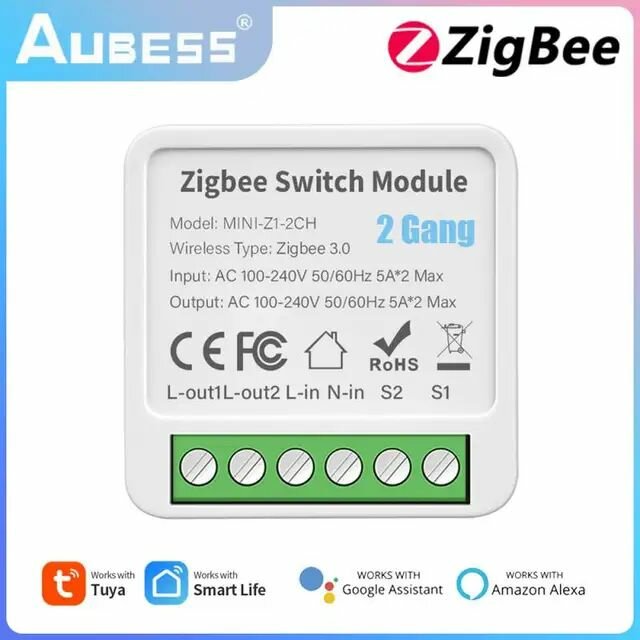 Контроллер умного дома - реле выключателя Tuya Zigbee 2 канала 10А работает с Яндекс Алисой через шлюз ZigBee 3.0