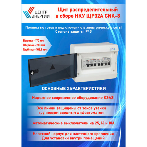 Щит распределительный в сборе НКУ ЩР32А CNK-8 IP 40 электрощиток для квартиры, дачного дома, студии (АВДТ22С32,1С25,3х1С16,2х1С10) ЭКМ21