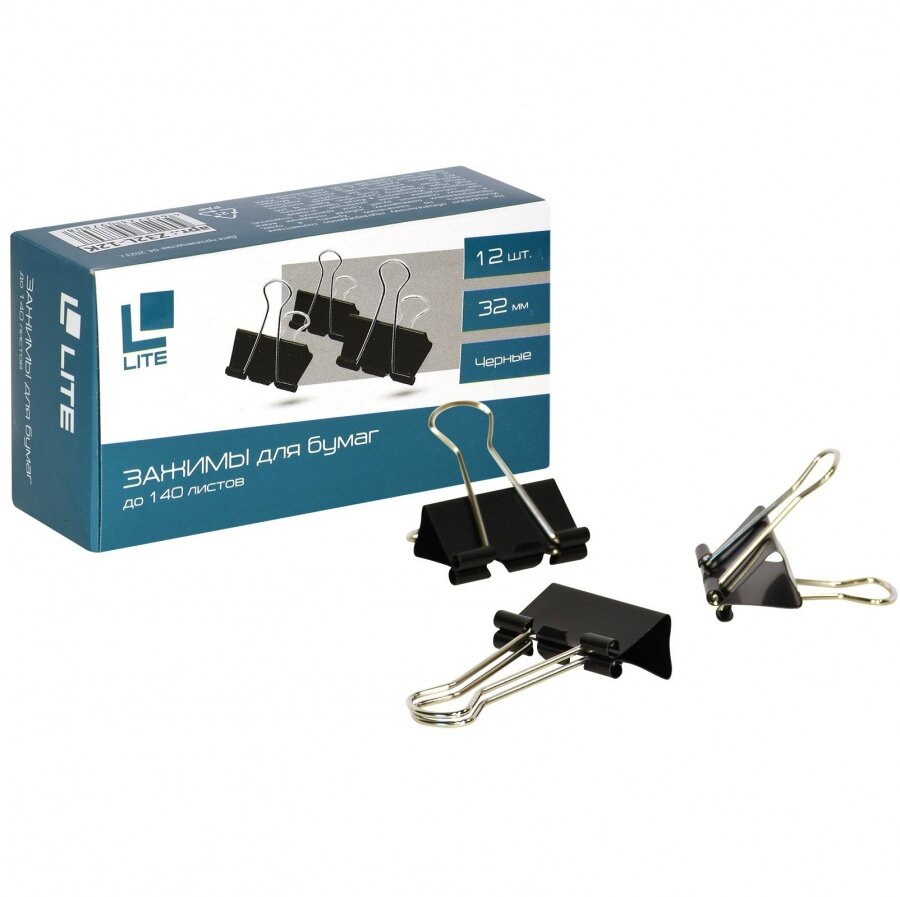 фото Зажимы для бумаг металлические LITE (32мм, до 140 листов, черные) 12шт.