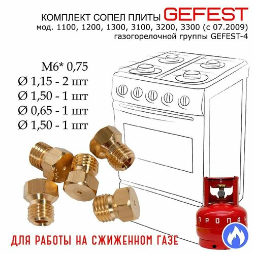 ручки газовой плиты gefest 1100 3100 коричневые комплект 6шт Комплект жиклеров, форсунок газовой плиты GEFEST моделей 1100 - 3300 (с 07.2009), под балонный, сжиженный газ