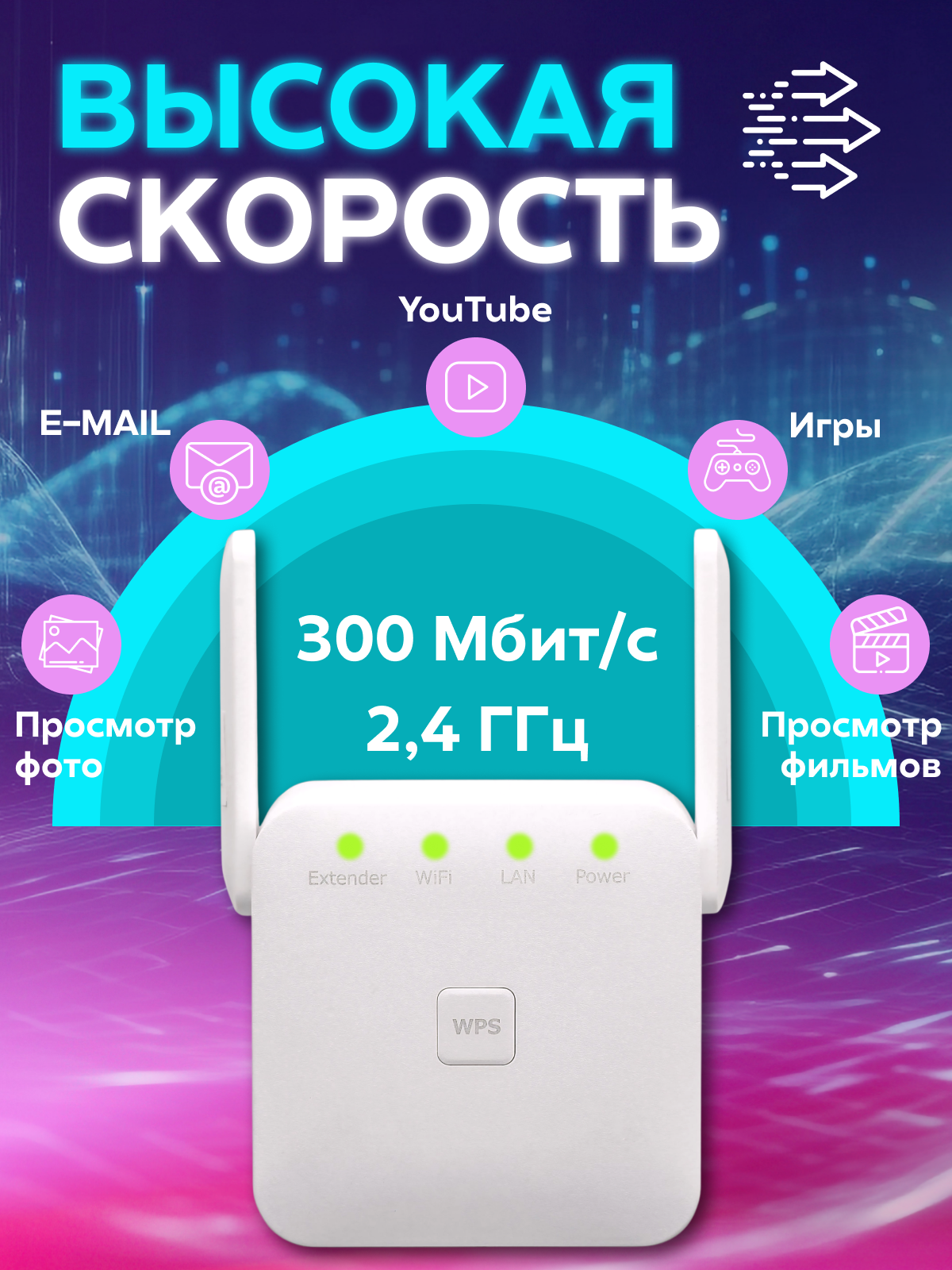 Усилитель wifi сигнала беспроводной в розетку репитер вайфая, белый — фото 1