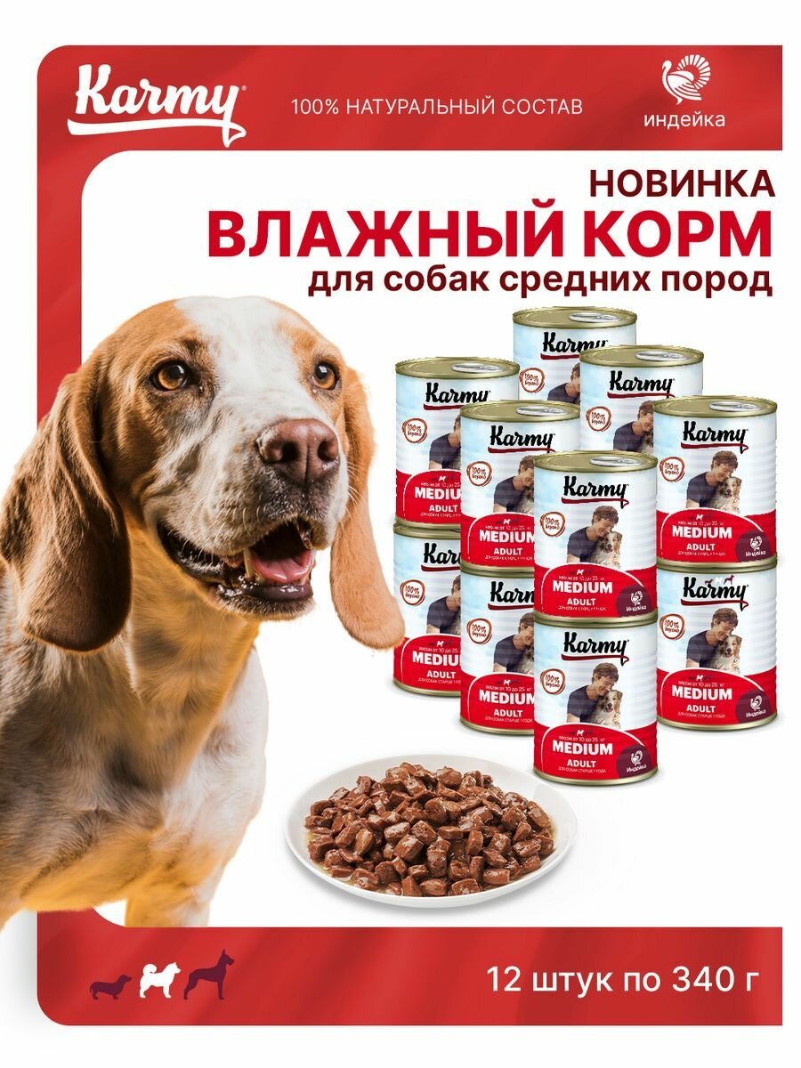 Консервированный корм KARMY MEDIUM Adult для взрослых собак средних пород Индейка 12 шт, 340г.