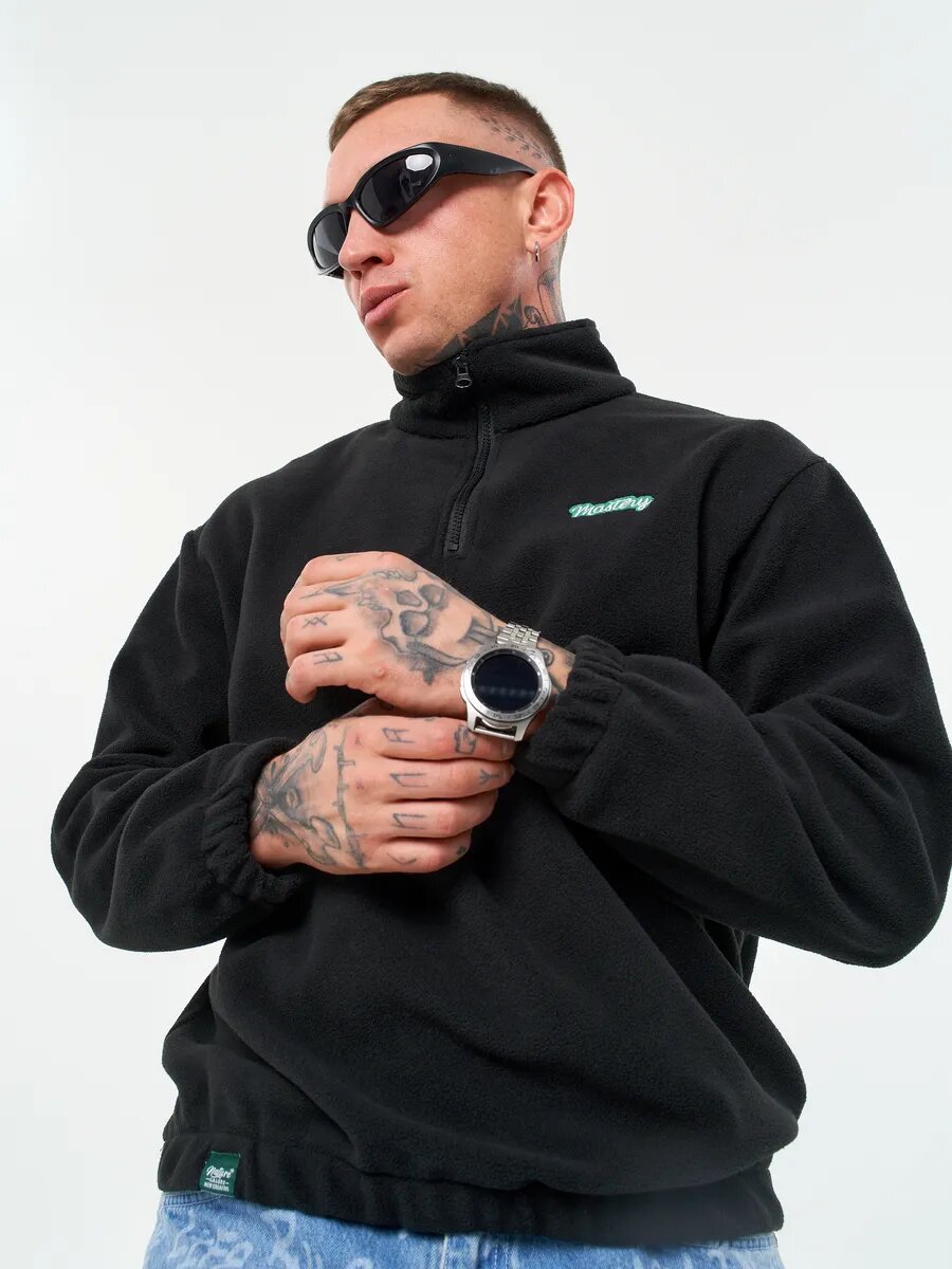 Толстовка TopYoungs флисовая теплая без капюшона, полузамок мужская/женская, размер 3XL, , черный — фото 1