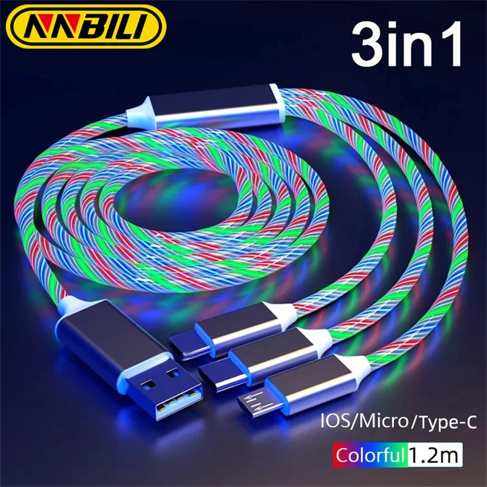 NNBILI светящийся светодиодный светильник USB 3 в 1, кабель для быстрой зарядки телефона, зарядное устройство, светящийся кабель типа C для Xiaomi iPhone, аксессуары для телефонов, Red Type C 1M — фото 1