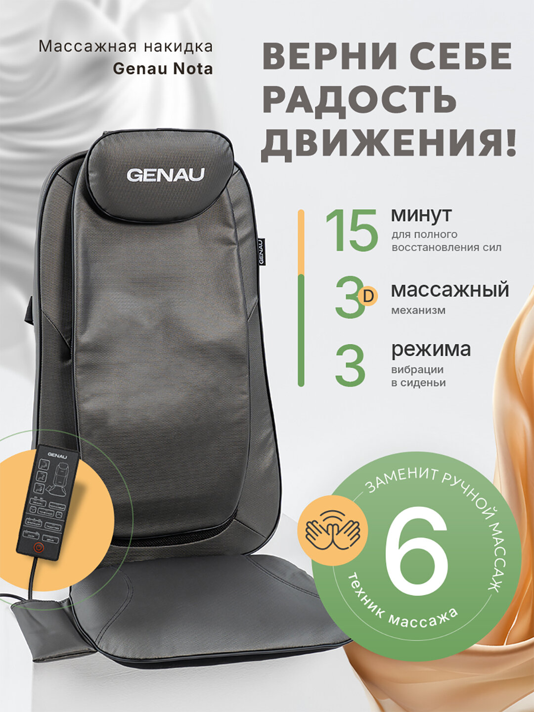 Массажер Genau накидка Nota - 3D-массаж, акупунктурный, вибрационный, шиацу, роликовый