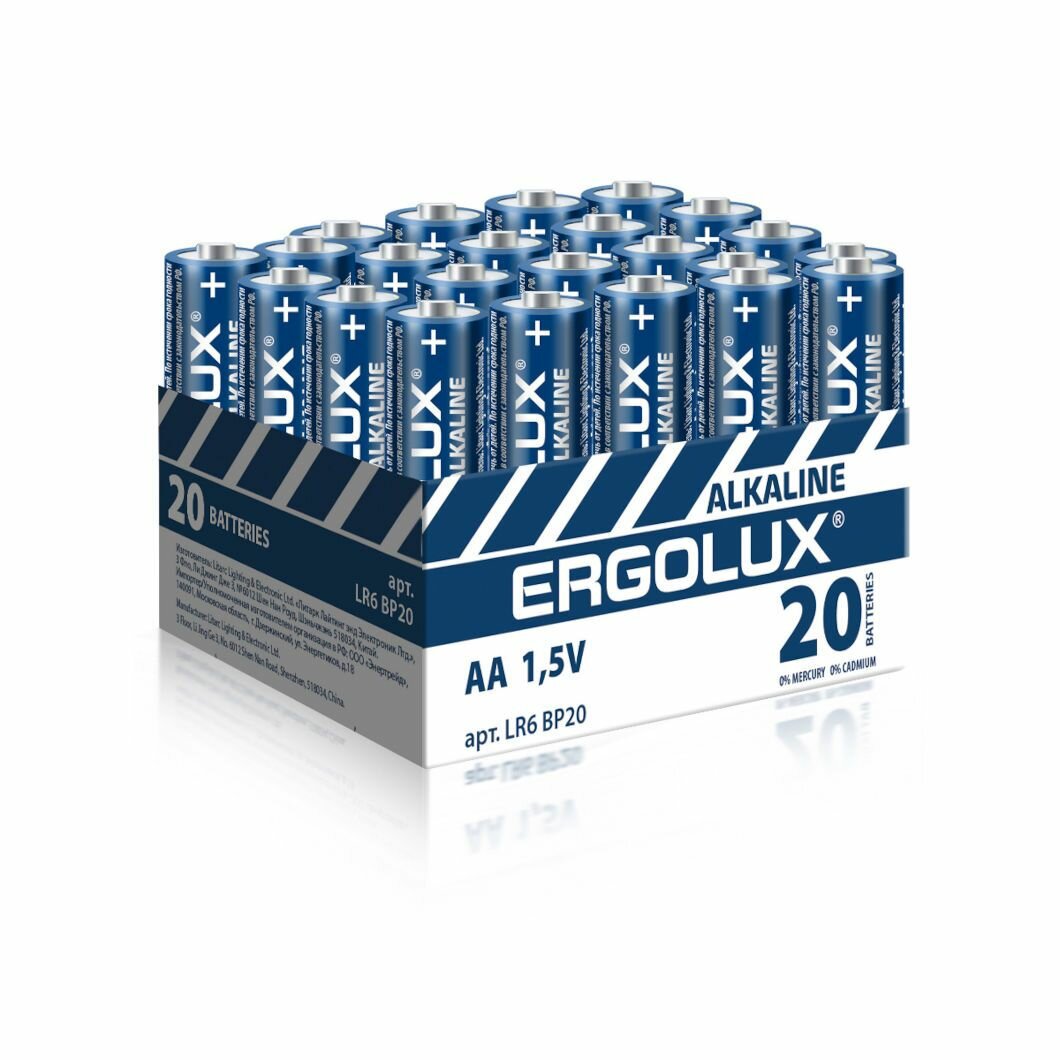 Батарейка (20шт) пальчиковая ERGOLUX LR6 (AA) 1.5В щелочная (алкалиновая) (BOX20)