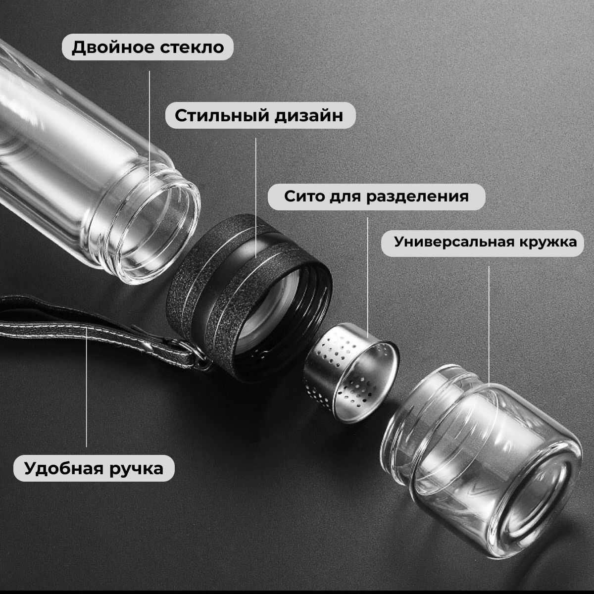 Термокружка, черная, стеклянная колба, крышка-чашка, можно мыть в посудомойке — фото 1