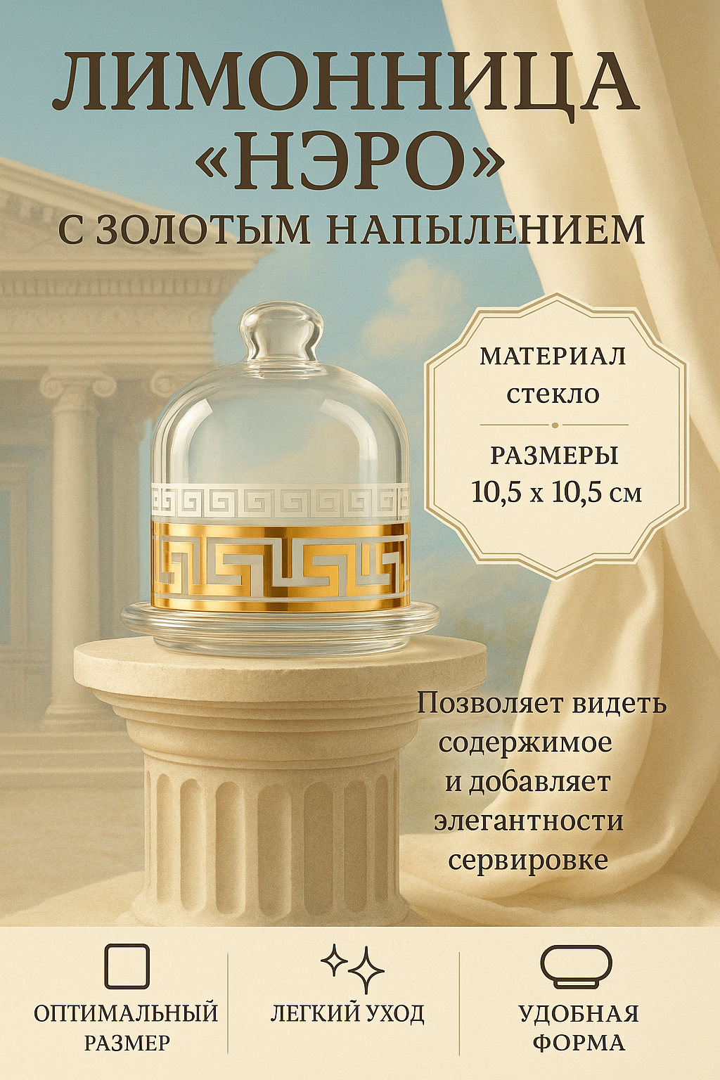Лимонница Paşabahçe «Нэро», d=10 см, стекло, золотое напыление, прозрачная