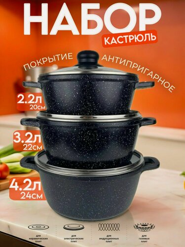 Изображение товара Набор кастрюль Восток Стиль, алюминий, индукционное дно, мраморное антипригарное покрытие, 6 шт