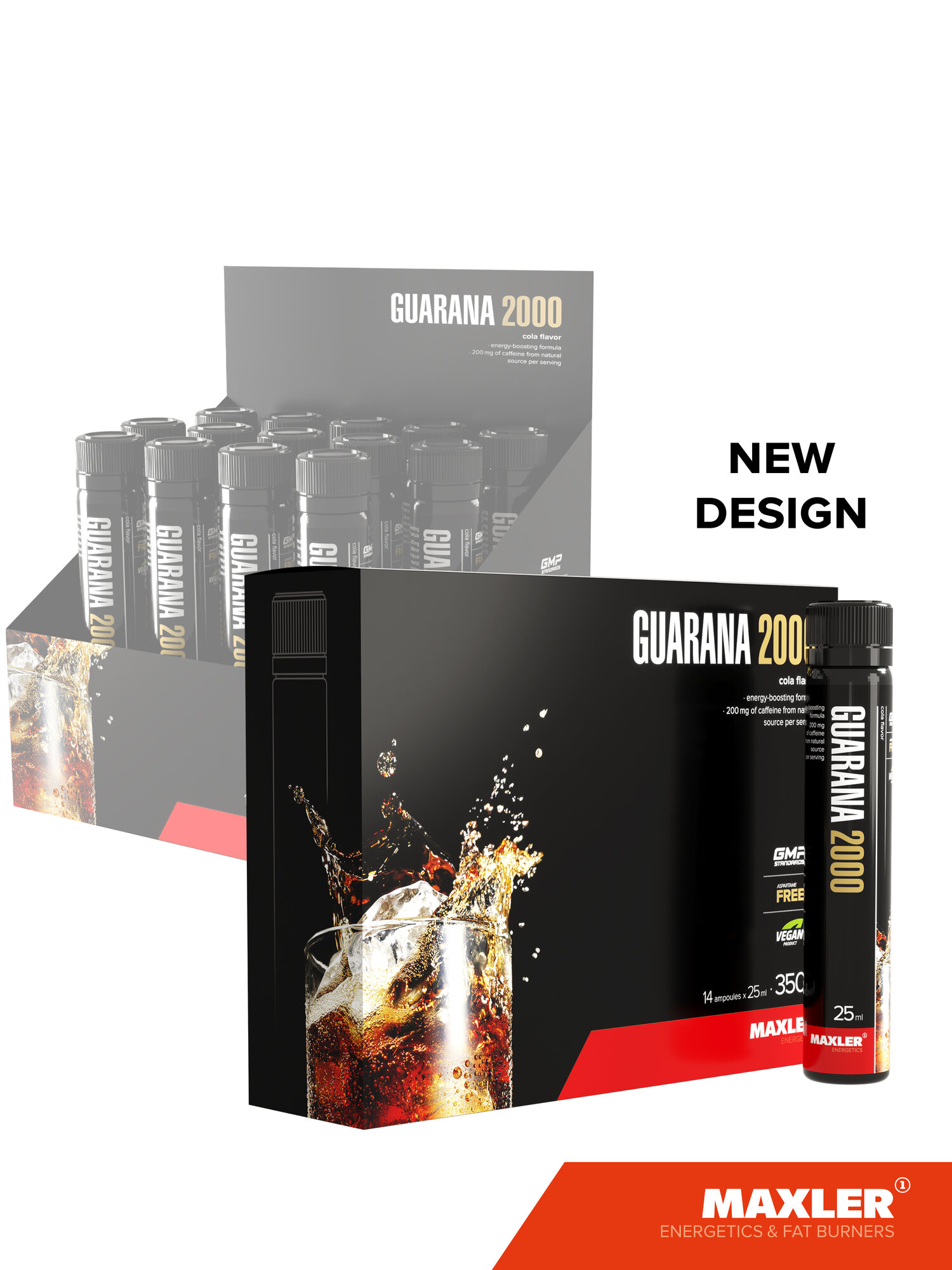 Энергетик гуарана с витамином С, В1, В6 и пантотеновой кислотой Maxler Guarana 2000, 14 ампул по 25 мл. - Кола — фото 1