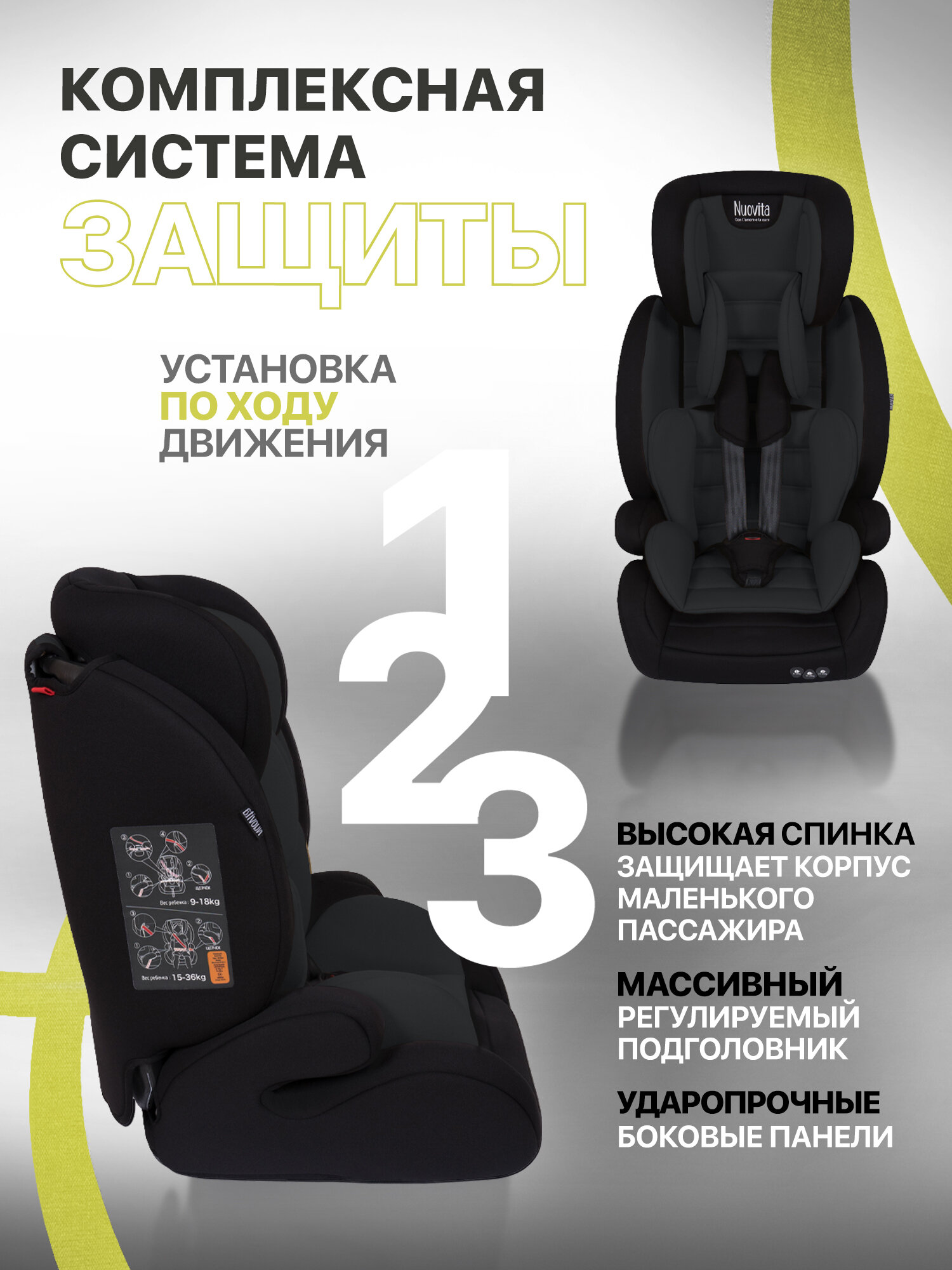 Детские Автокресла Xiaomi Автокресло детское Nuovita Maczione N123-1, группа 1/2/3, от 9 мес до 12 лет, весом от 9 до 36 кг/ трансформер (Чёрный)