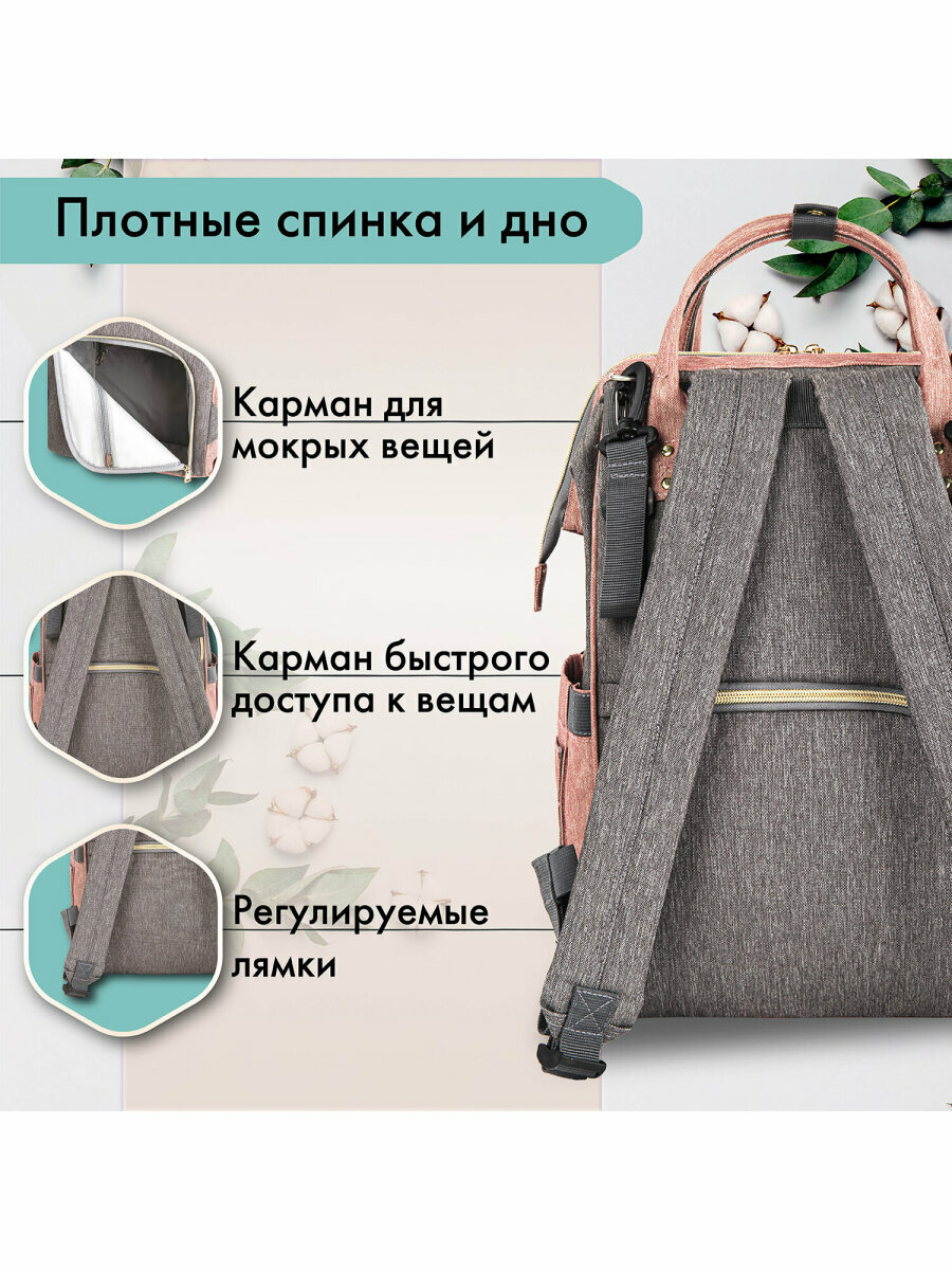 Рюкзак для мамы Brauberg Mommy с ковриком, крепления на коляску, термокарманы, серый/розовый, 40x26x17 см, 270821 — фото 1