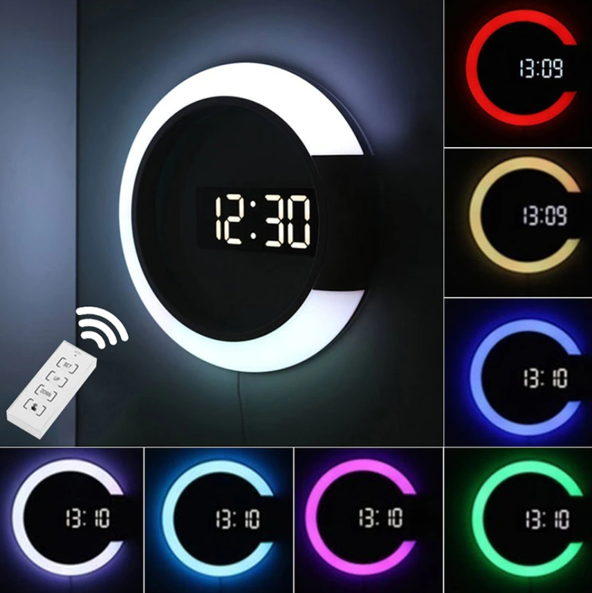 Многофункциональные настенные RGB часы / Часы с термометром, будильником и пультом управления — фото 1