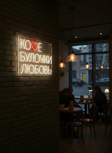 Изображение товара Неоновая вывеска "Кофе, булочки, любовь" 66 х 44 см, неоновая надпись, LED светильник для кофейни и кафе