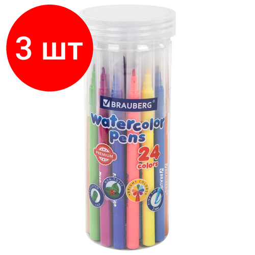 Комплект 3 шт, Фломастеры в тубе классические 24 цвета, вентилируемый колпачок, BRAUBERG PREMIUM, 152199