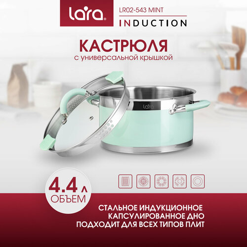 Кастрюля LARA LR02-543 MINT, 4,4л,  d22 см, с крышкой дуршлаг, для всех видов плит