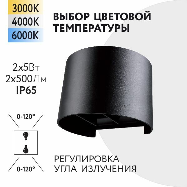 Уличный настенный светильник Foton Lighting 10Вт 230В Сменная температура свечения 3000К/4000К/6000К Угол 120° IP65 Черный металл. Архитектурный садово-парковый светильник