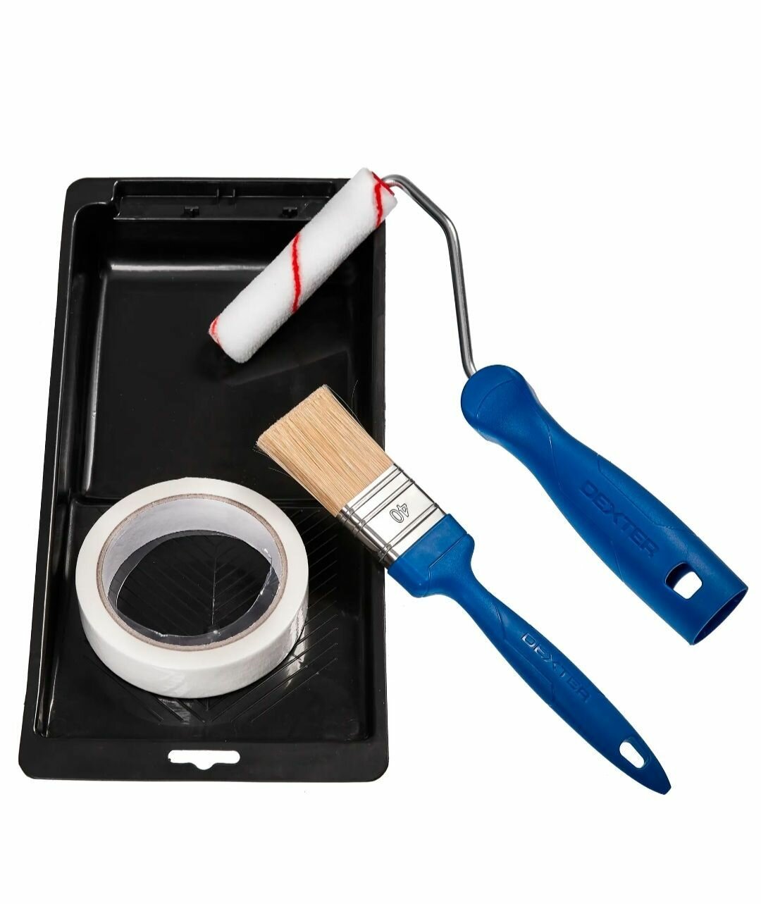 фото Набор малярный Dexter валик 100 мм, кисть 40 мм, ручка, кювета, скотч