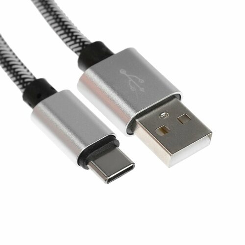 Кабель Type- C - USB, 2.1 А, оплётка нейлон, 2 метра, серебристый usb type c зарядный кабель aura tpc uc2s в полиэстеровой оболочке серебристый 1 2 метра