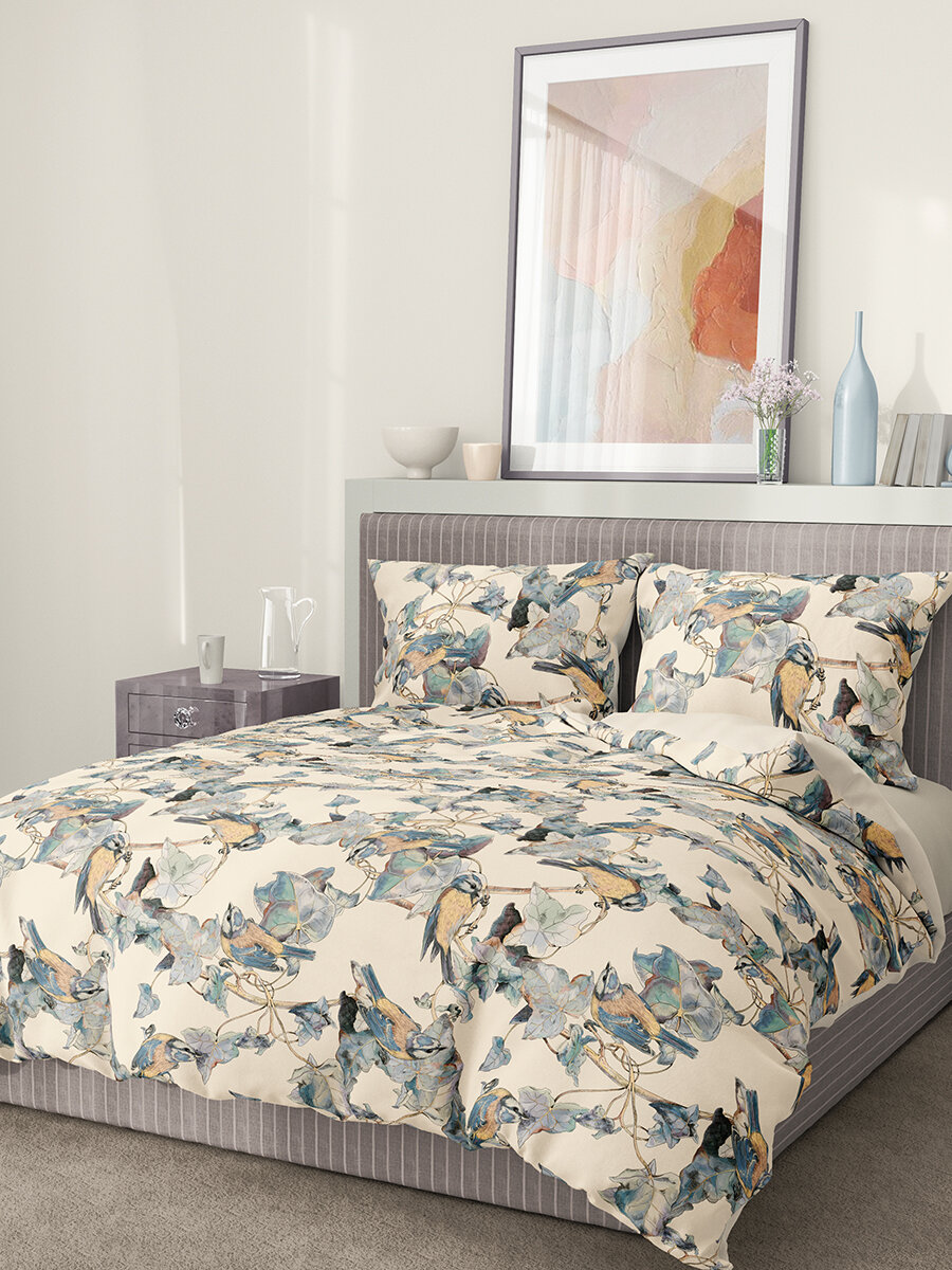 Постельное белье евро макси, Tessolo Home, полисатин, Птицы на желтом — фото 1