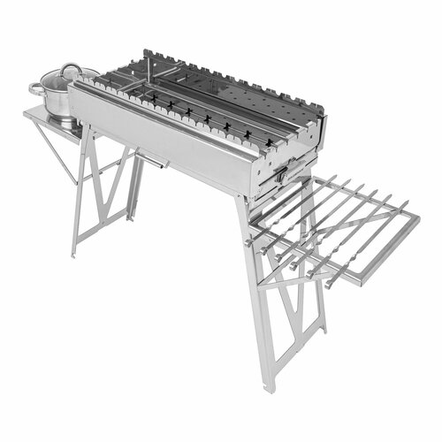 Столик раскладной 2 шт для мангала Дипломат Профи из нержавейки, полка для гриля и барбекю, подставка для шампуров, казана, сковороды и кастрюли