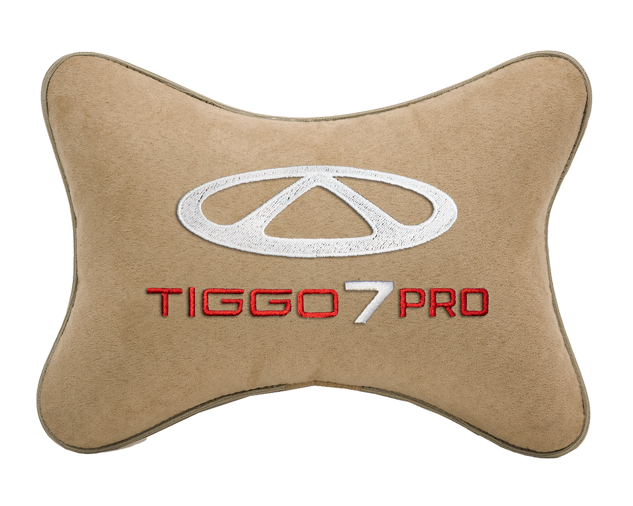 Автомобильная подушка на подголовник алькантара Beige с логотипом автомобиля CHERY Tiggo 7 PRO