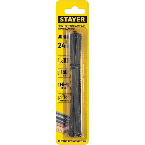 STAYER Junior, 150 мм, 24 TPI, 10 шт, универсальное полотно для мини-ножовки (1565-S10) stayer универсальное полотно для мини ножовки 150 мм 24 tpi металл пластик дерево 10 шт stayer junior