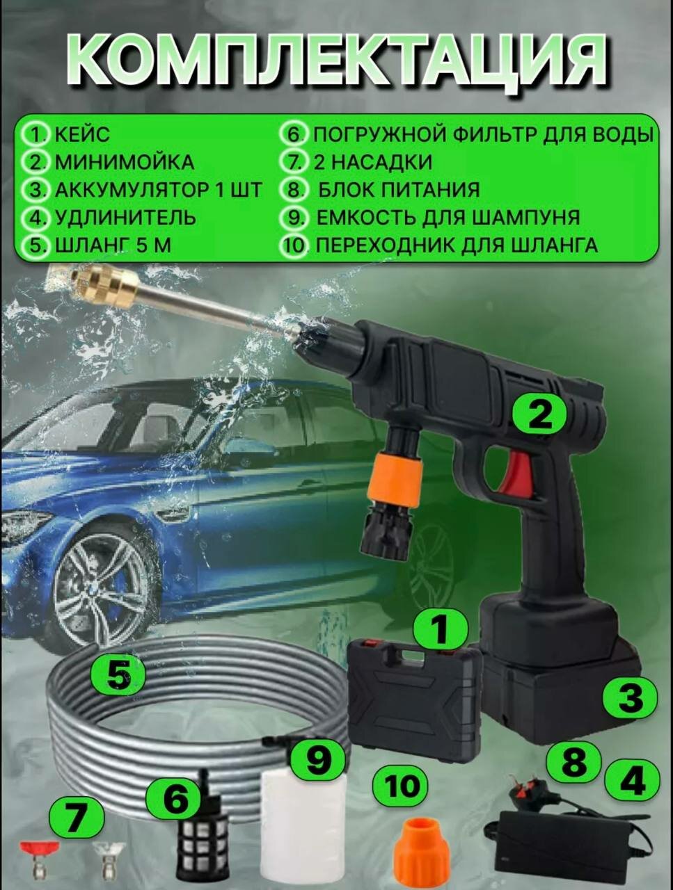 Аккумуляторная автомойка , высокого давления,для автомобиля в кейсе/ минимойка с пистолетом и пенообразователем в кейсе для дачи - фотография № 5