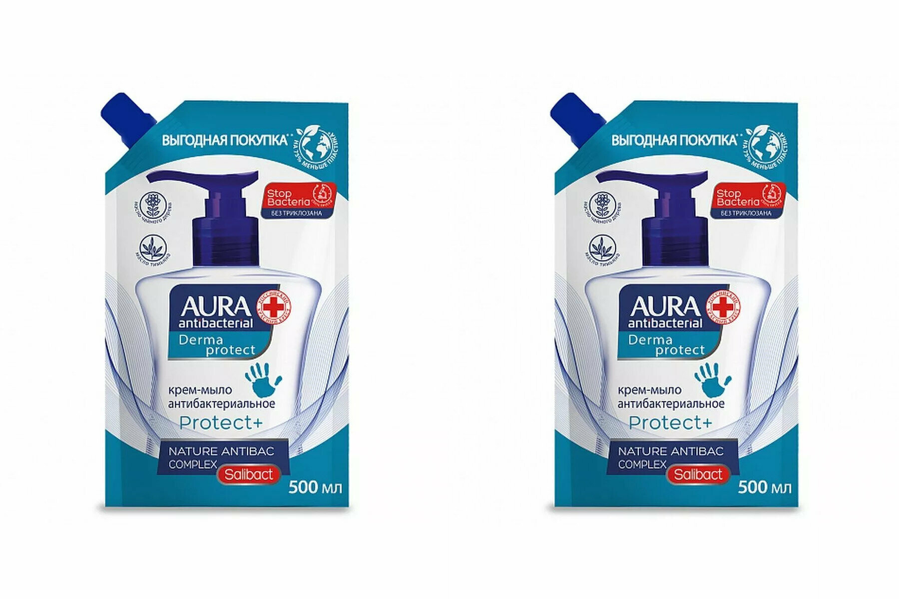 Крем-мыло Aura Derma Protect антибактериальное, 500 мл - 2 штуки
