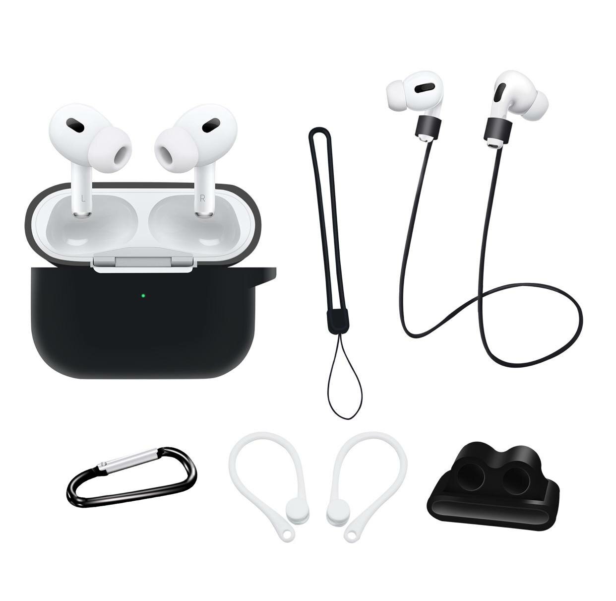 Набор аксессуаров для airpods pro 2 7в1 силикон, чехол и шнурок, держатель, державтель для наушников на часы, карабин.