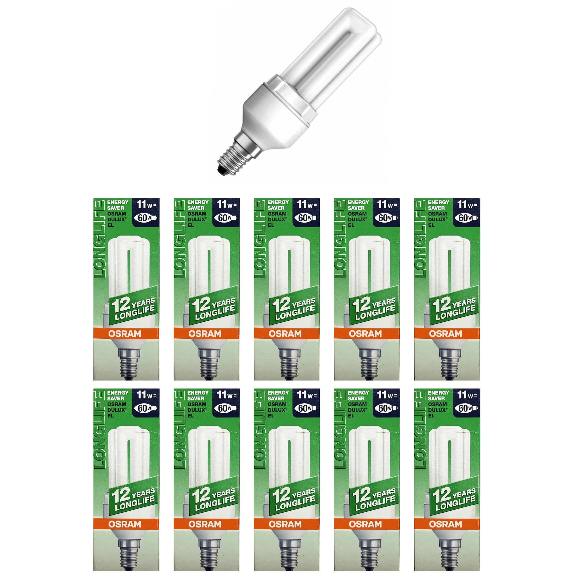 10шт/уп. Лампа Люминесцентная Dulux 11Вт 220-240V E14 CFL U 640Лм 2500К D-45mm L-129mm Энергосберегающая Свет Теплый белый OSRAM уп. 10шт