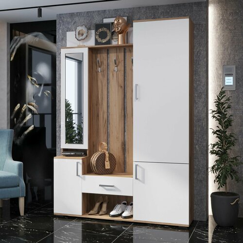 Прихожая комплект Визит от Линаура с зеркалом обувницей шкафом ящиком и вешалкой 142x203x36 см Дуб вотанБелый 18650₽