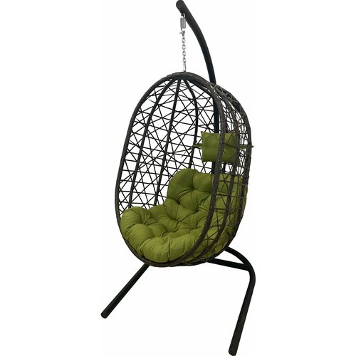 Кресло подвесное Кокон XL арт. D52-MT005 (стойка+основание. черн, корзн. корич, подуш. оливков. 3уп. (В))