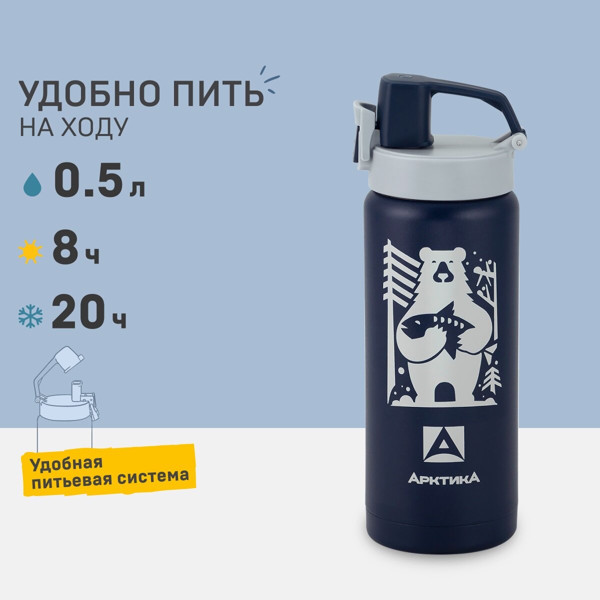 Термокружка для чая и кофе Арктика 702-500 синий медведь 0,5 литров термостакан для напитков питьевой с поилкой и кнопкой-фиксатором
