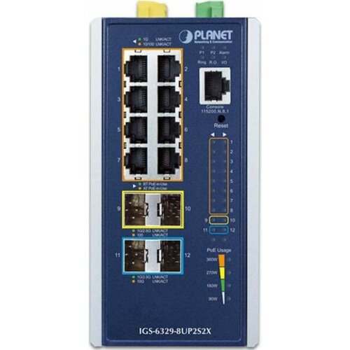 коммутатор planet layer 3 24 port 100 1000x sfp with 16 port shared tp 4 port 10g sfp stackable managed switch plus 2 stacking ports trunking stack up to 6 units Коммутатор/ PLANET IGS-6329-8UP2S2X IP30 DIN-rail Industrial L3 8-Port 10/100/1000T 802.3bt PoE + 2-port 1G/2.5G SFP + 2-Port 10G SFP+ Full Managed Sw