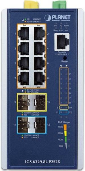 Коммутатор/ PLANET IGS-6329-8UP2S2X IP30 DIN-rail Industrial L3 8-Port 10/100/1000T 802.3bt PoE + 2-port 1G/2.5G SFP + 2-Port 10G SFP+ Full Managed Sw