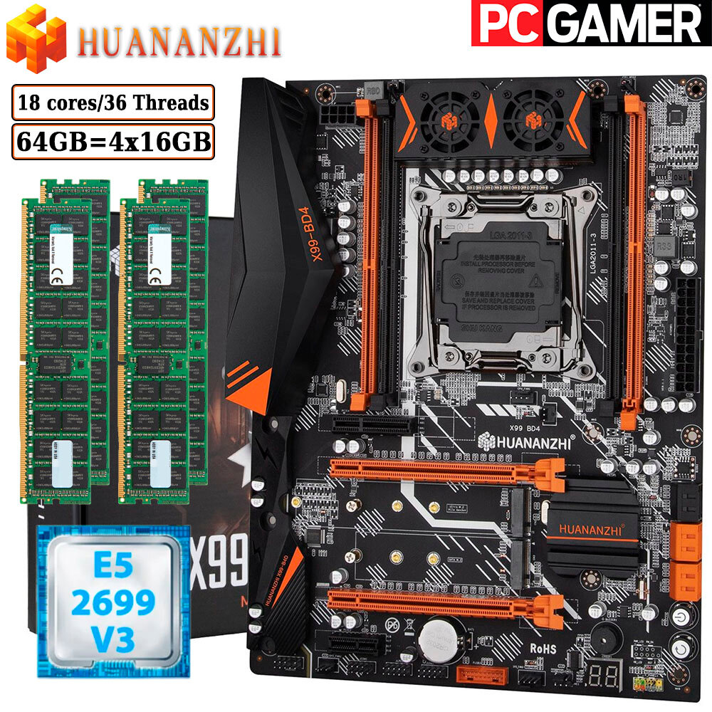 Комплект материнская плата Huananzhi X99-BD4 + Xeon 2699V3 + 64GB DDR4 ECC 4x16GB