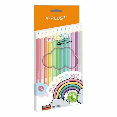 Y-Plus Карандаши цветные пастельные Rainbow Pastel трехгранные утолщенные 12 цветов и точилка 654₽