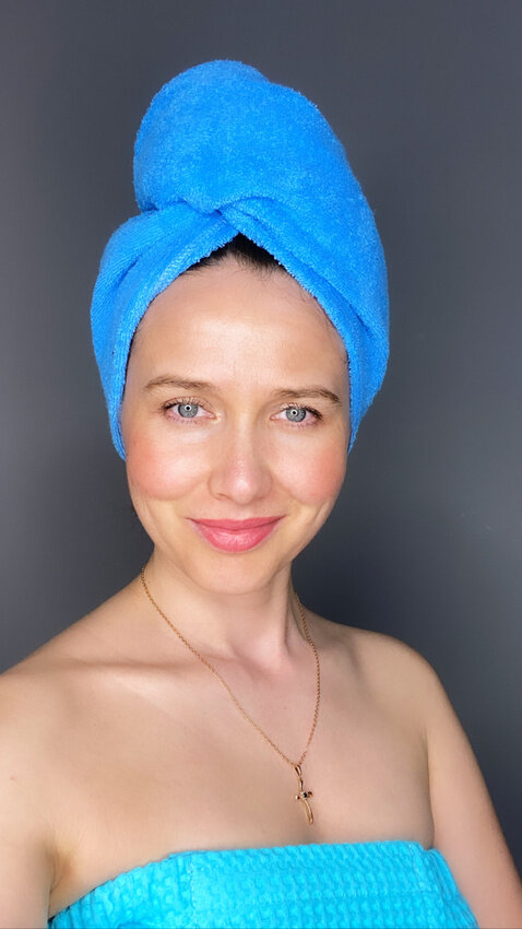 фото Полотенце для сушки волос/ тюрбан для сушки волос/ полотенце банное/чалма махровая/ чалма для волос/ голубой