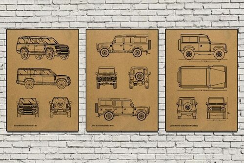 Изображение товара Набор постеров А3 - чертежи автомобилей Land Rover Defender (3 крафт плаката А3)