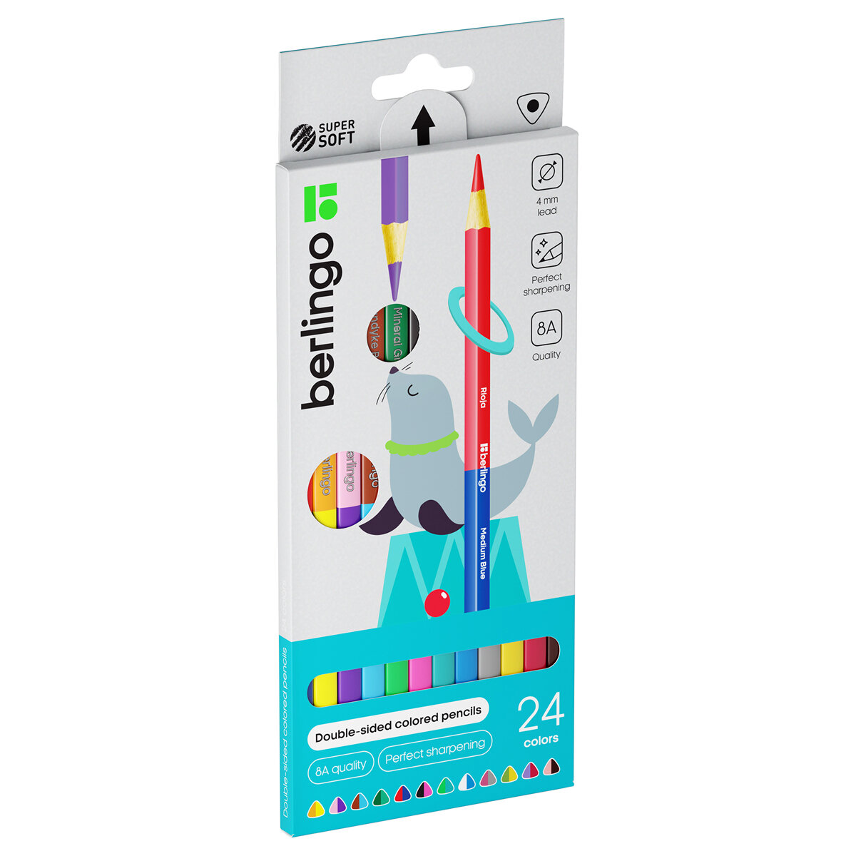 Карандаши цветные двусторонние Berlingo SuperSoft. Duo, 24цв, 12шт, трехгр, заточ, европодвес, SSD0124