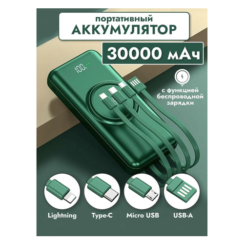 Внешний аккумулятор Power Bank 30000mAh с беспроводной зарядкой и встроенными кабелями 2490₽