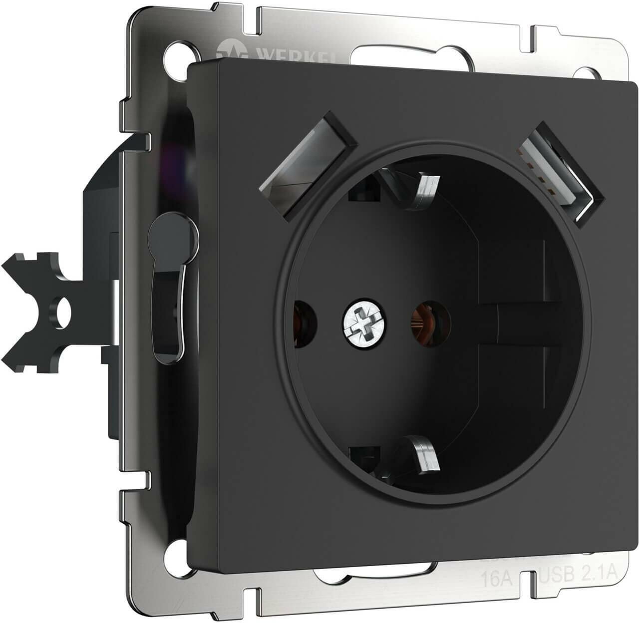 Розетка Werkel с заземлением шторками и USBх2 черный матовый W1171508 4690389156915
