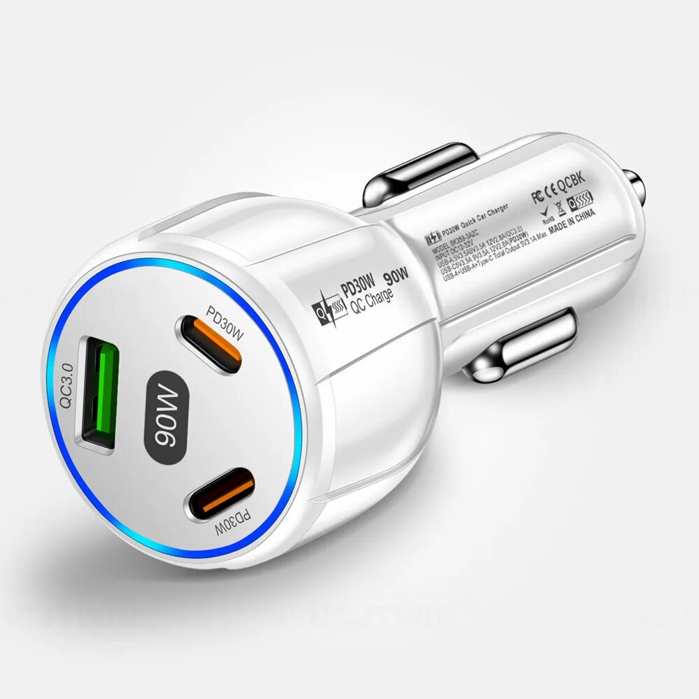 1 шт. 3 в 1 быстрая зарядка автомобильного прикуривателя универсальный PD Type C USB адаптер зарядного устройства для мобильного телефона для IPhone Huawei черный, белый, White